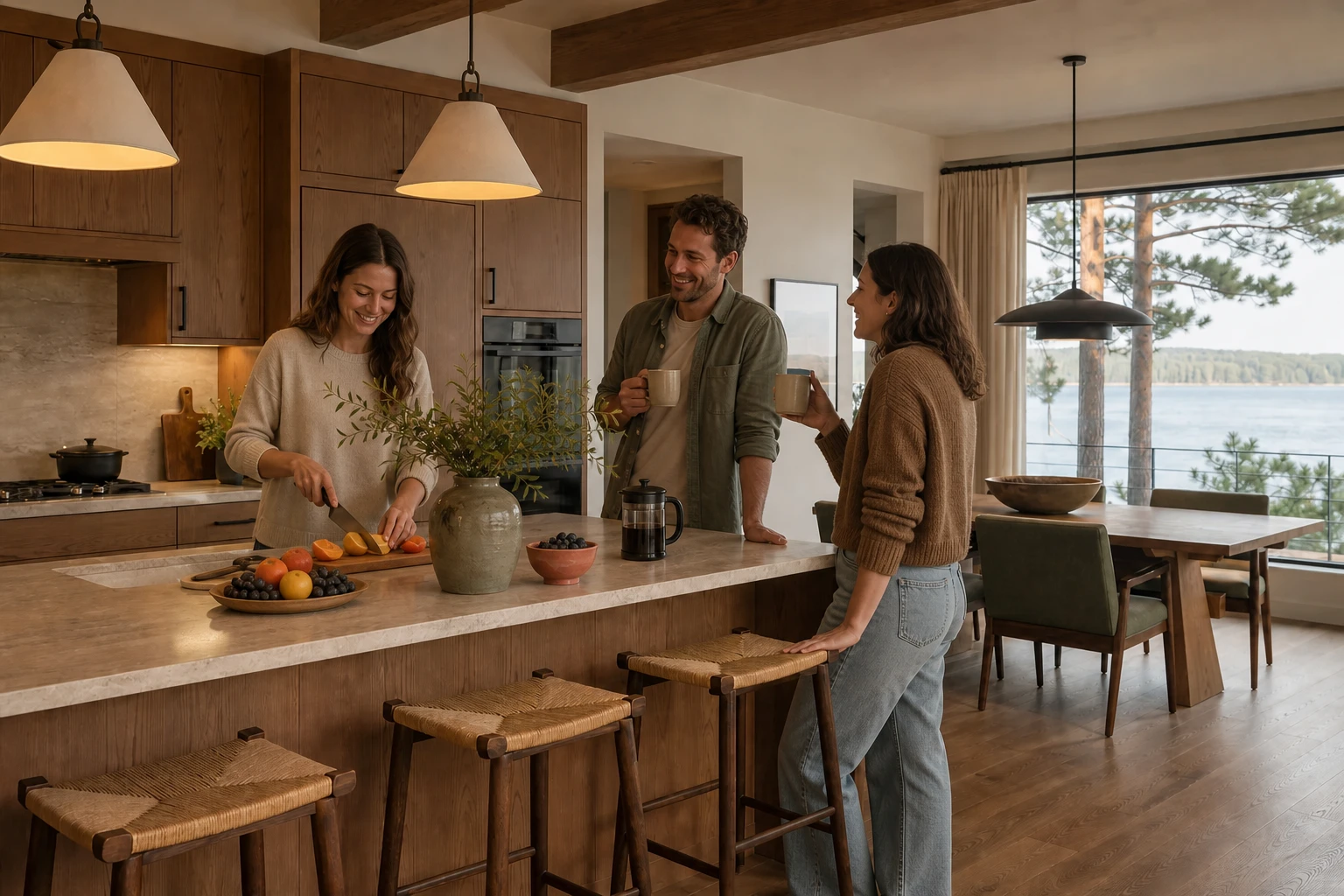 Friends preparing breakfast in a lakeside vacation-rental kitchen