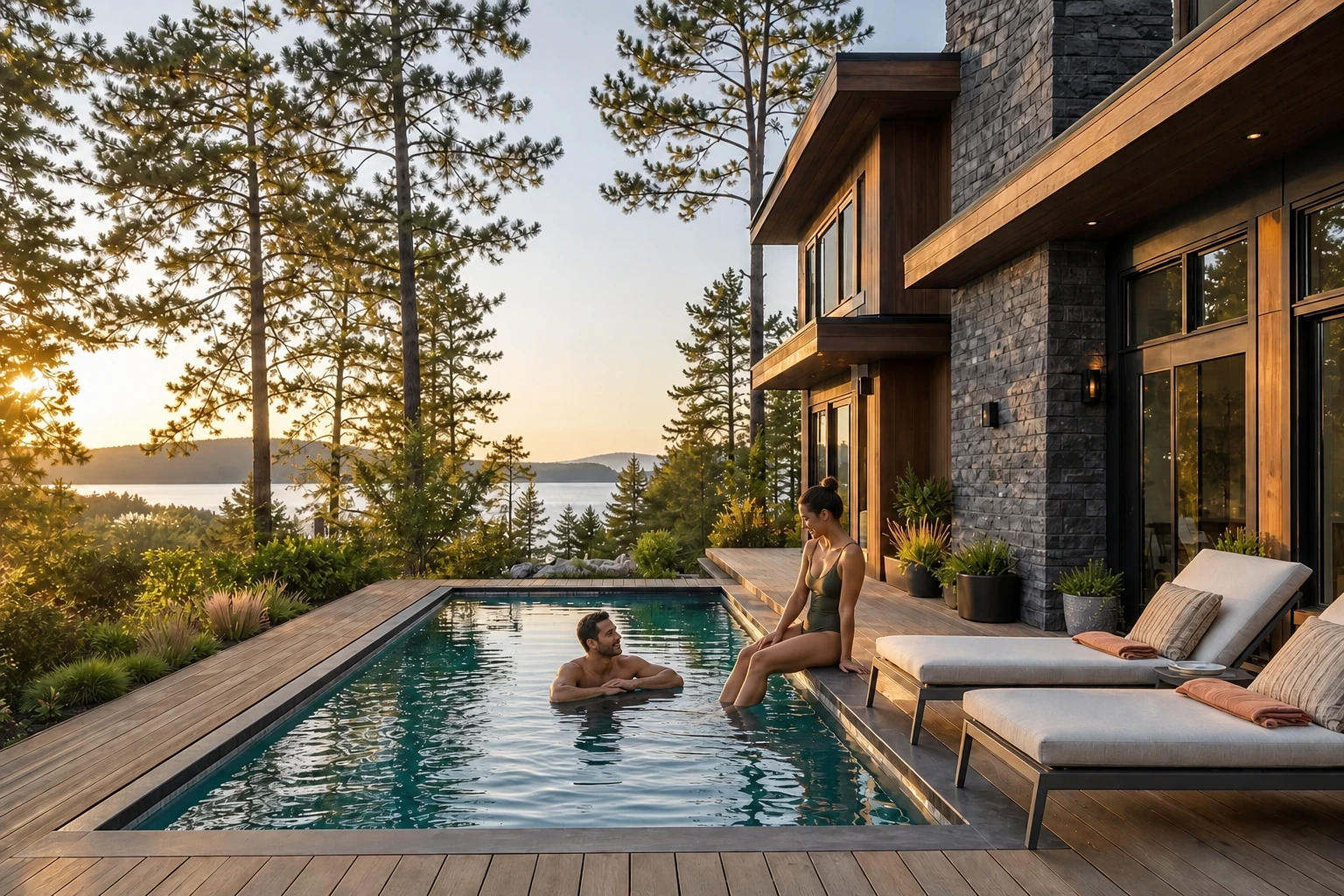Adult guests relaxing in a vacation-rental pool at golden hour