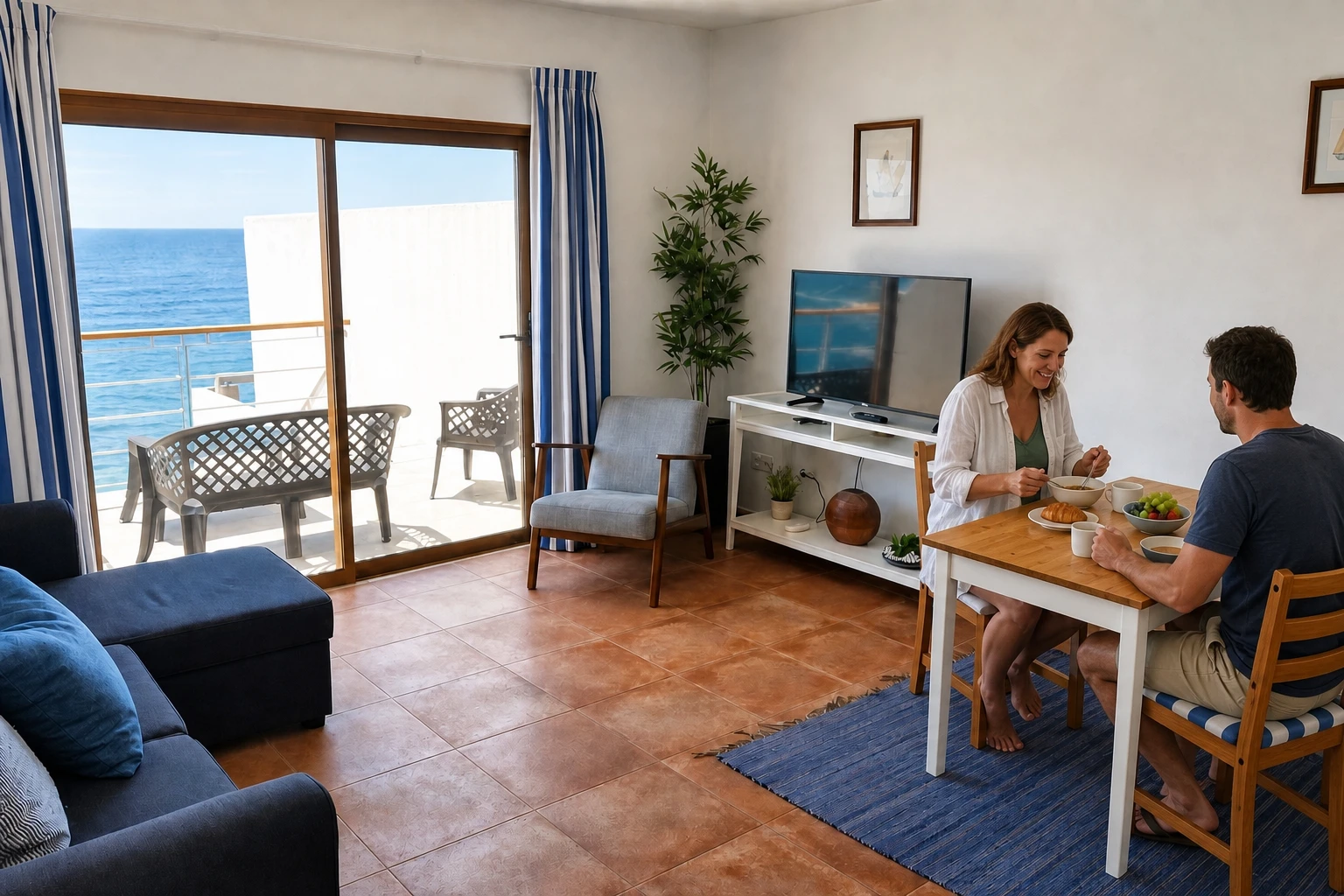 Adult guests sharing breakfast in an oceanfront vacation rental